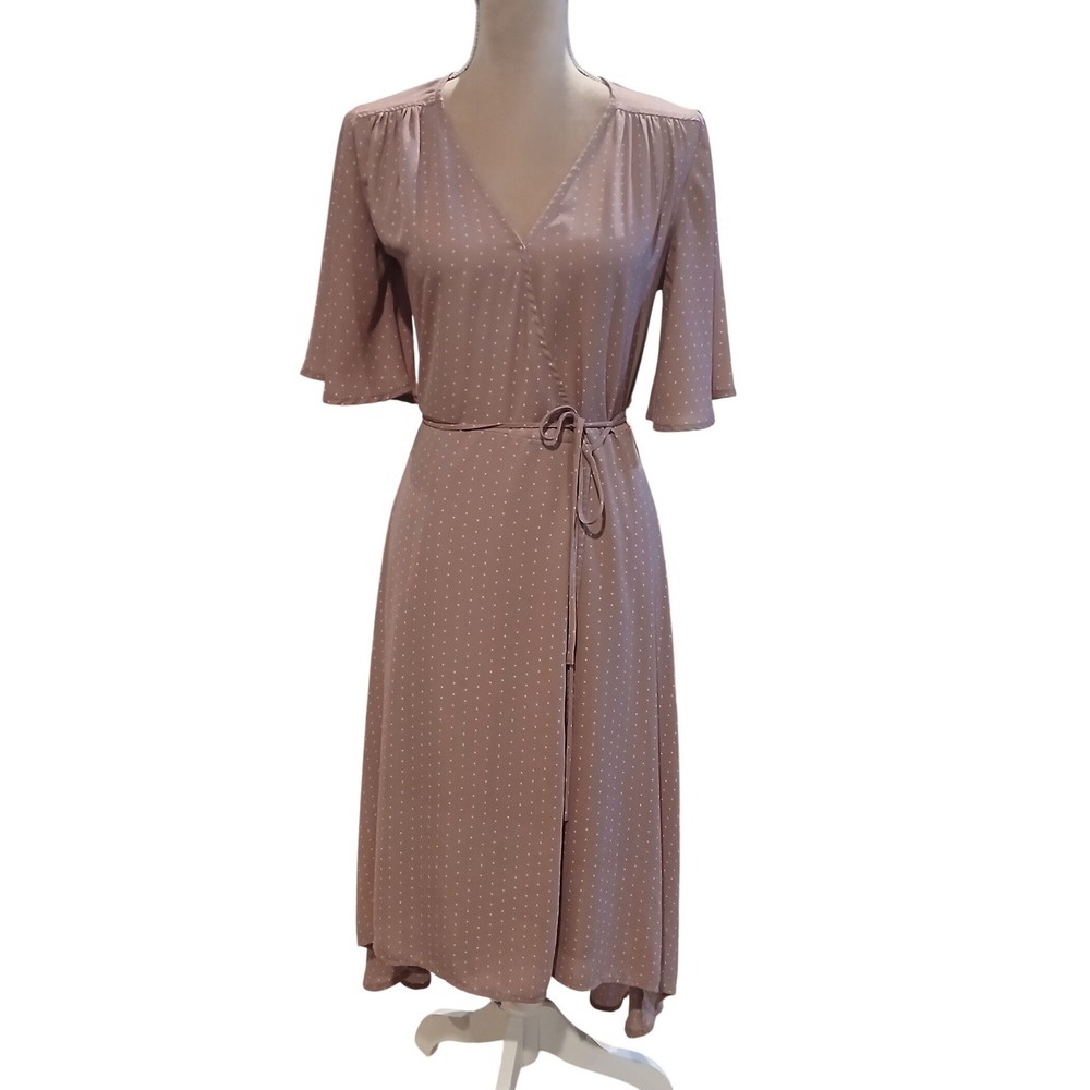 Lulus Mauve Pink Triangle Polka Dot Wrap Dress Flutter Sleeve Midi Small Hi lo